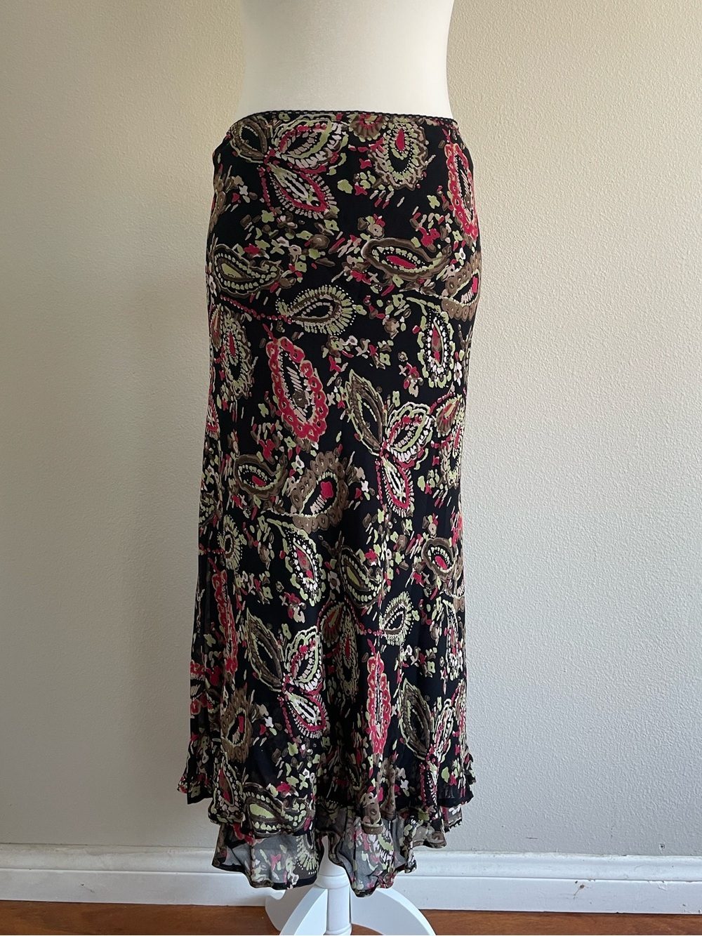 Style & Co. Black Paisley Midi Skirt with Pink and Tan Accents